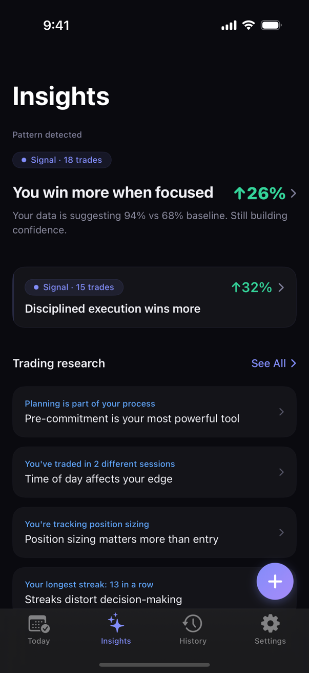 Kyra Trading — Patterns screen, showing detected behavioral patterns and trade statistics