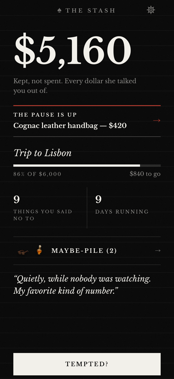 Miss Spent — The Stash screen, showing $5,160 kept, money not spent, a savings goal, and resisted temptations