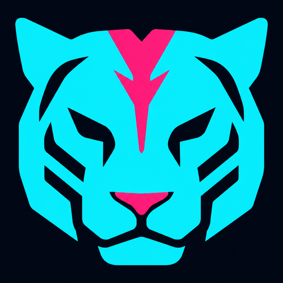 The Neon Tiger Labs mark: a frontal tiger head in cyan with a magenta lightning brow